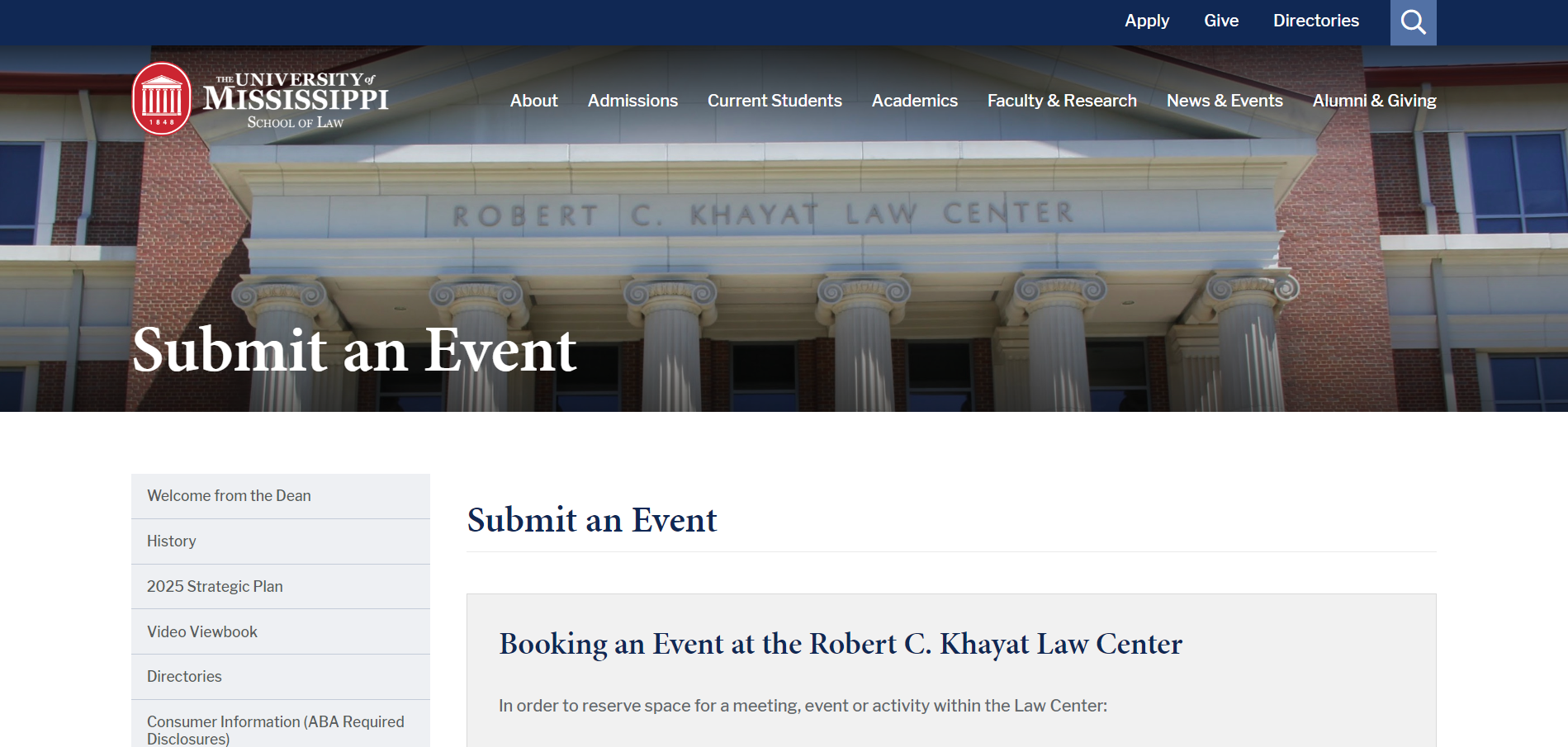 Página de Envio de Evento da University of Mississippi